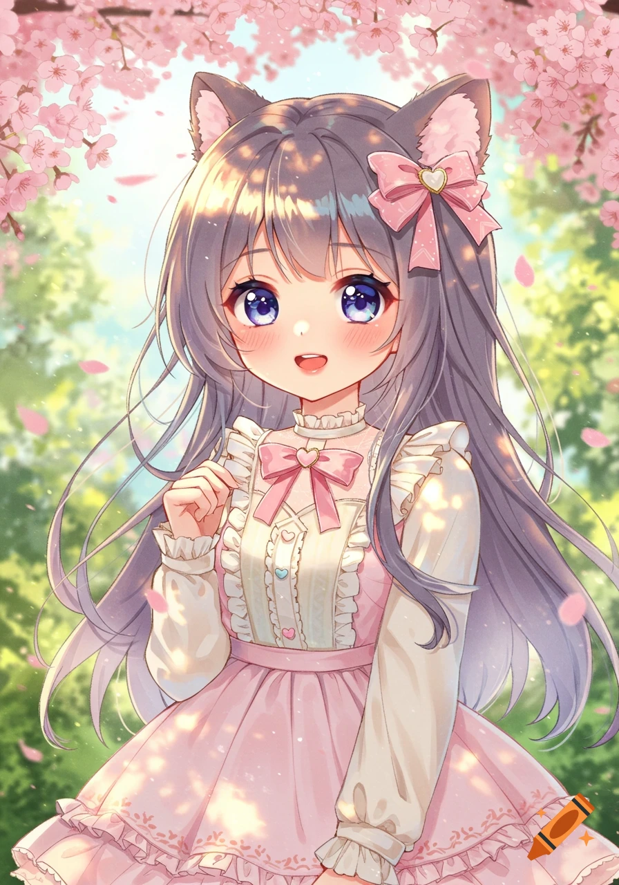 Cute anime girl with cat ears in a pink dress surrounded by cherry blossoms.
