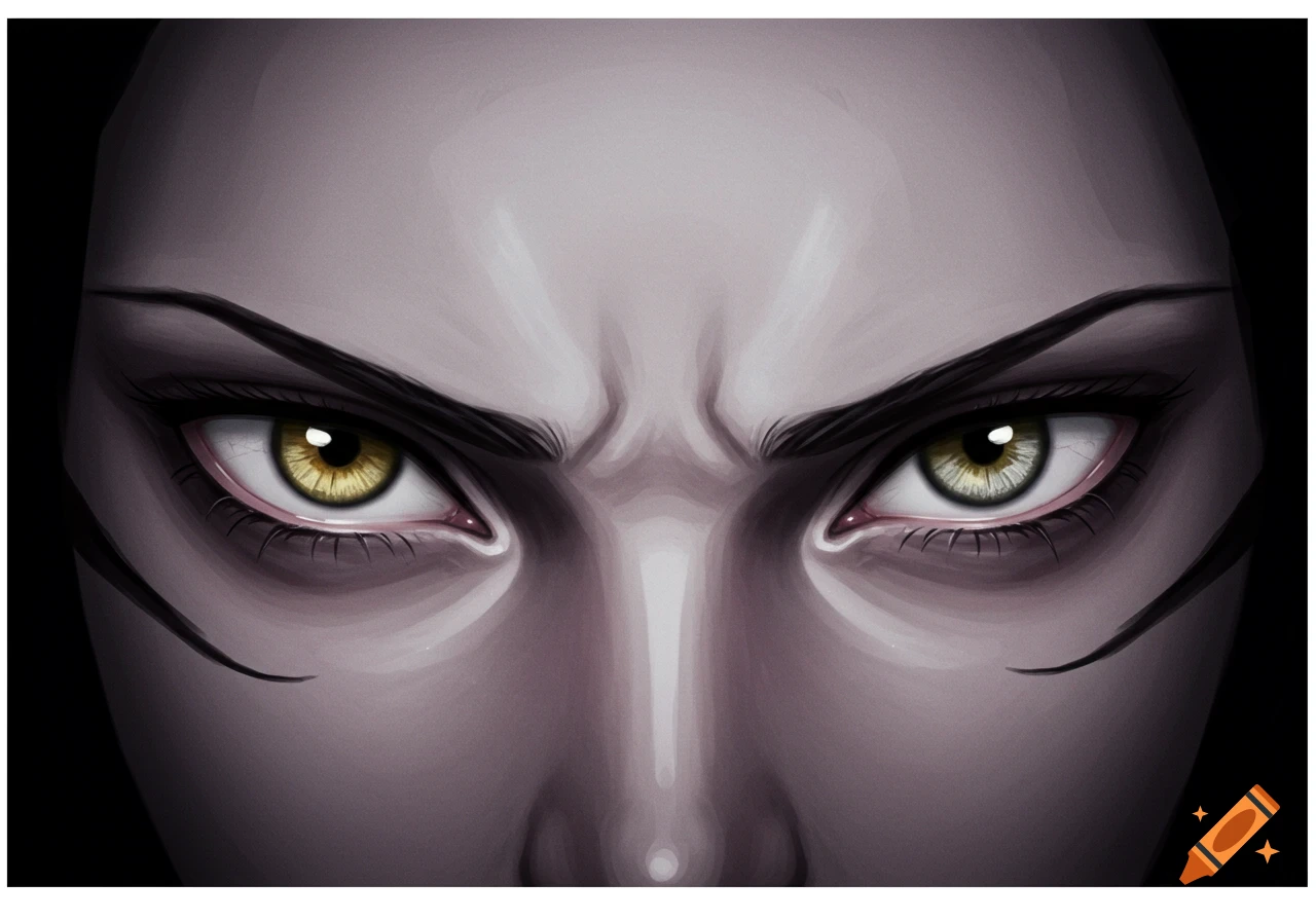 Close-up digital painting of a female character's intense, gold-colored eyes with furrowed brows.