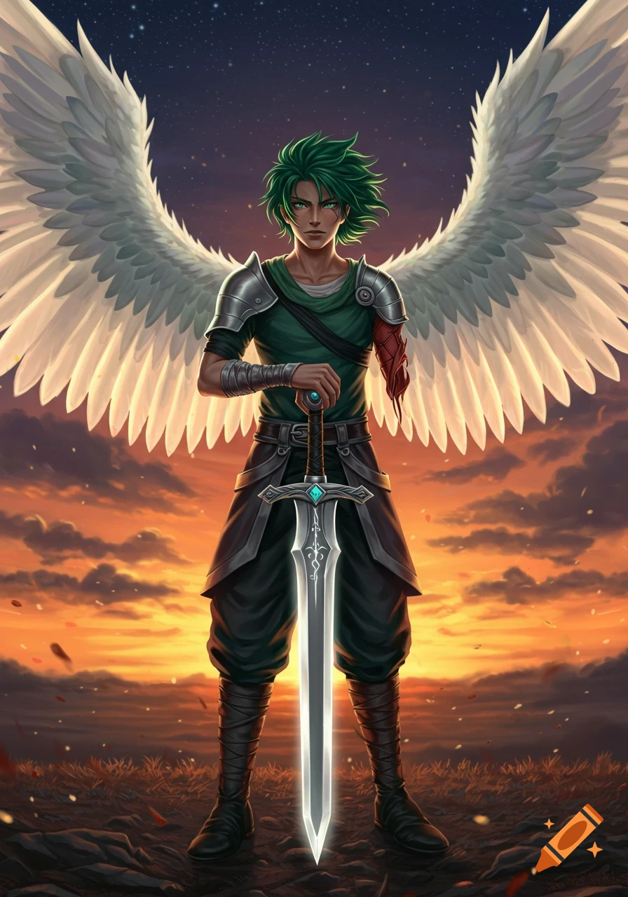 Anime man with green hair and white wings, missing an arm and holding a glowing sword, standing at sunset.