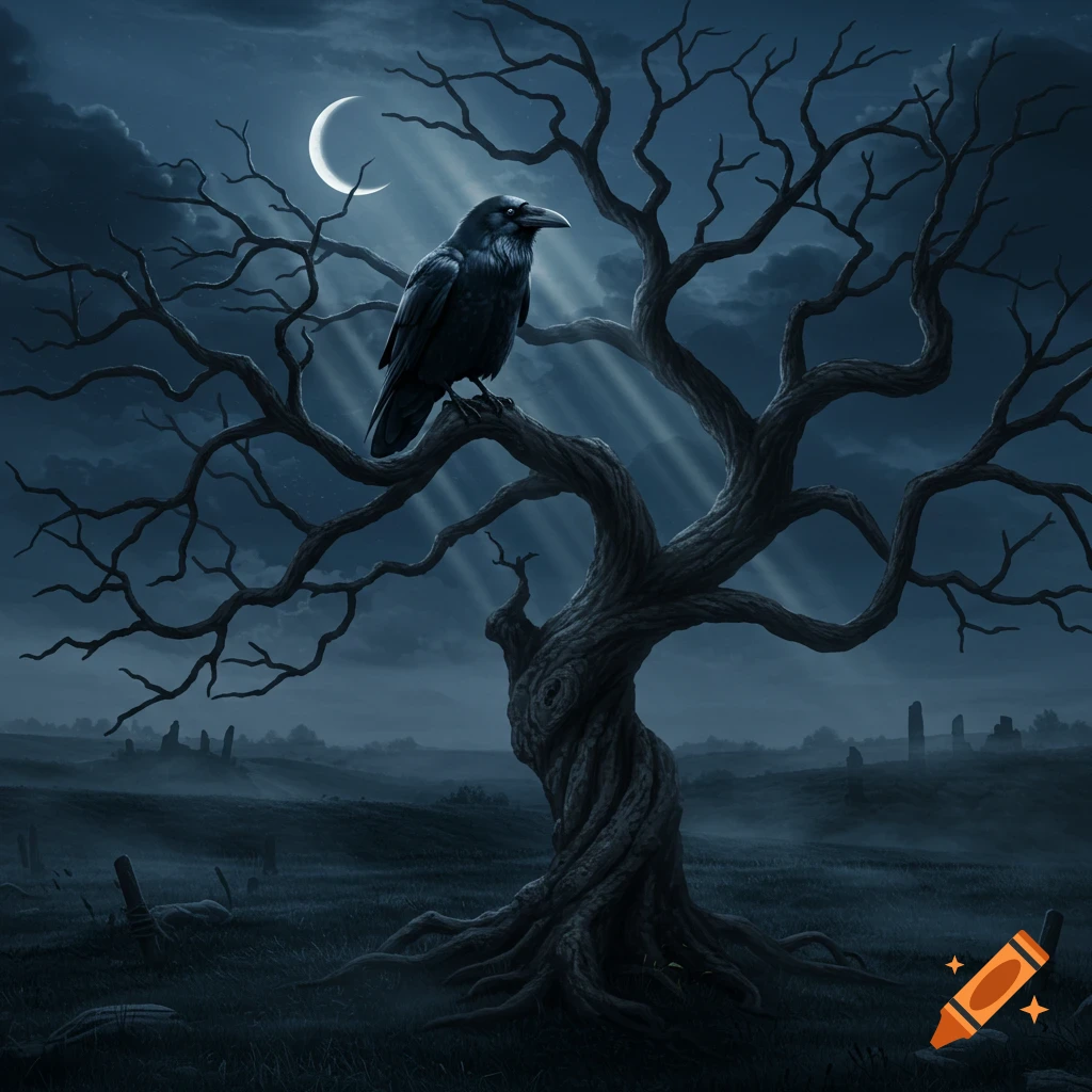 A raven perches on a gnarled, bare tree under a crescent moon with light rays in a dark, misty landscape. Dark fantasy style.