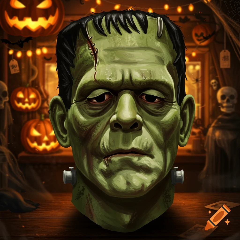 Close-up illustration of Frankenstein's monster head with a sad expression, set against a dark background with glowing jack-o'-lanterns and Halloween decorations.