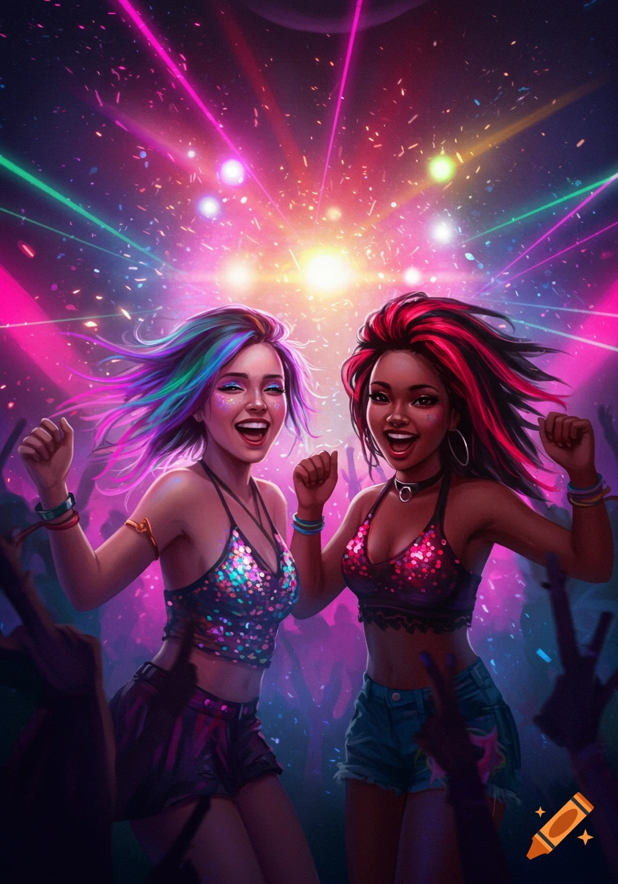 Two smiling girls with colorful hair dance at a vibrant rave, surrounded by bright lights and confetti in a digital art style.