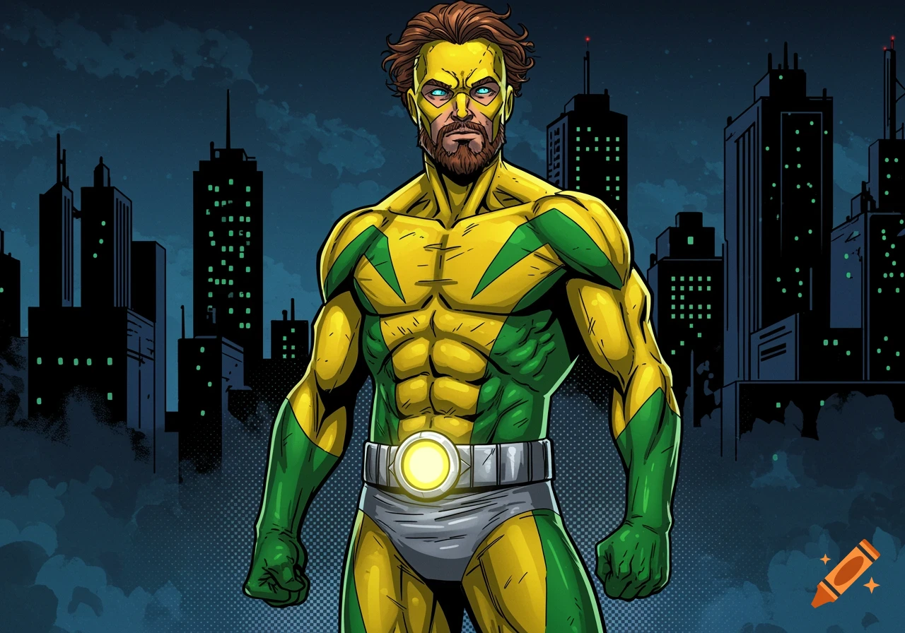 A comic book style illustration of a muscular superhero in a yellow and green suit with a glowing belt buckle, standing in a dark city at night.