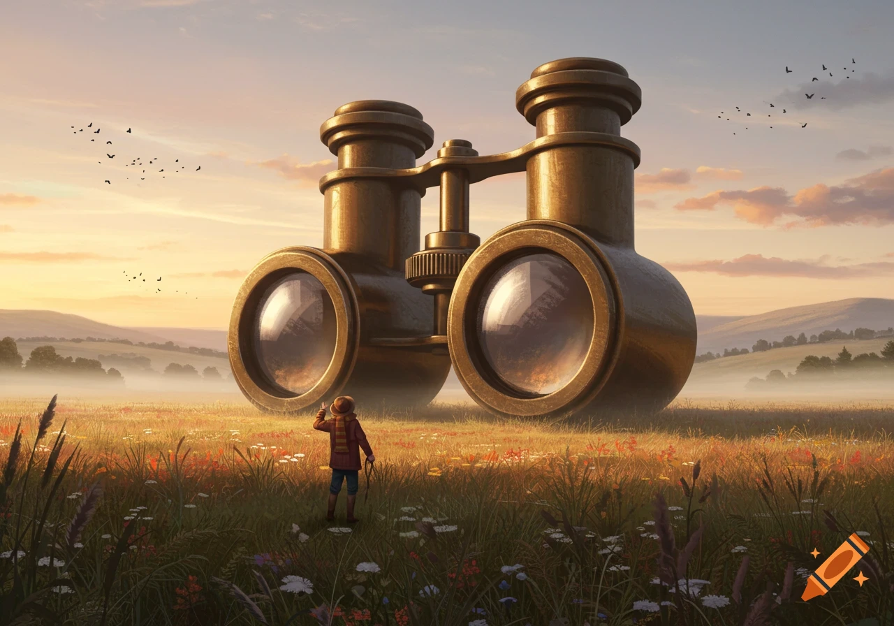 A small child looks up at a giant pair of binoculars in a vast field under a warm, hazy sky.