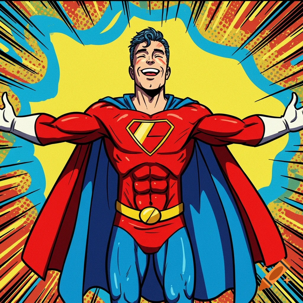 A smiling superhero in a red and blue costume with a yellow cape and a 'Z' emblem on his chest, arms outstretched, in a comic book style.