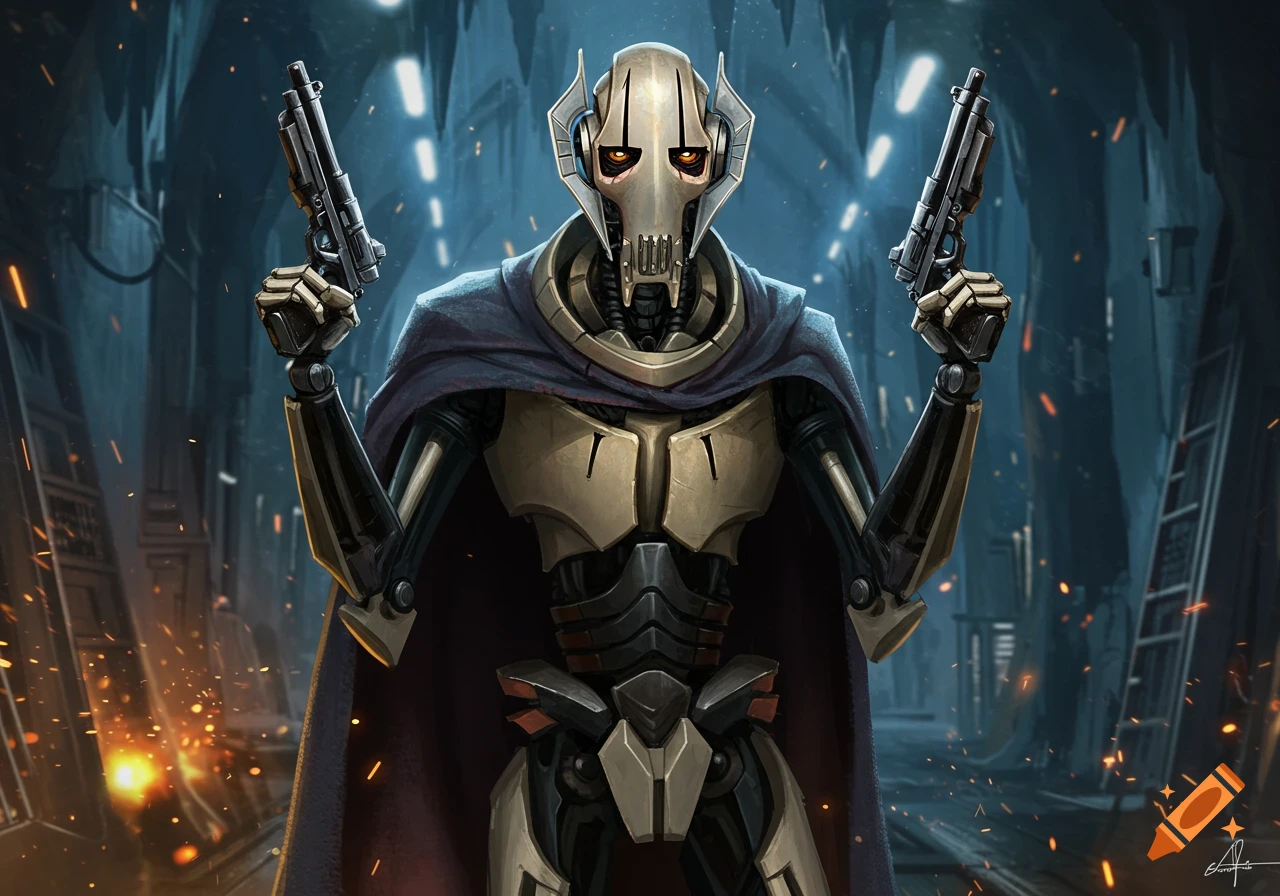 General Grievous, a robotic Star Wars character in a cloak, holds two pistols amidst industrial sparks in a digital painting.