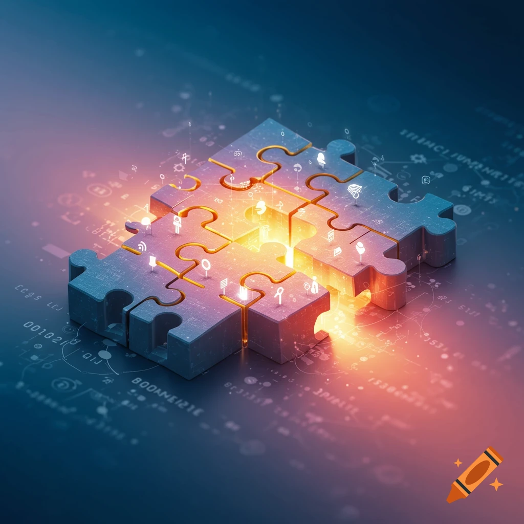 A conceptual image of glowing blue and orange puzzle pieces connected, with digital icons and code-like elements in the background, suggesting solution or integration.