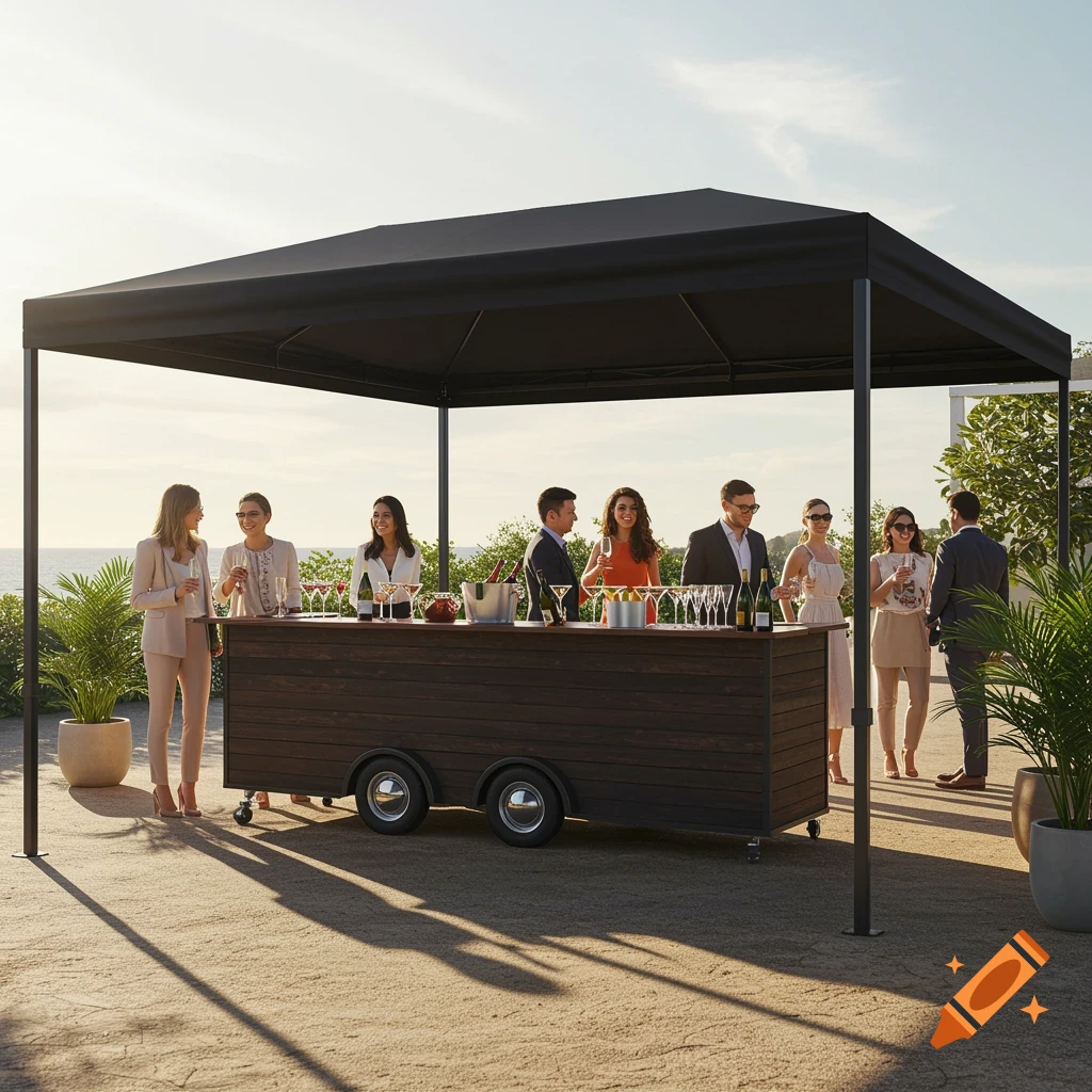 People socialize around a mobile wooden bar under a black gazebo at an outdoor event by the ocean.