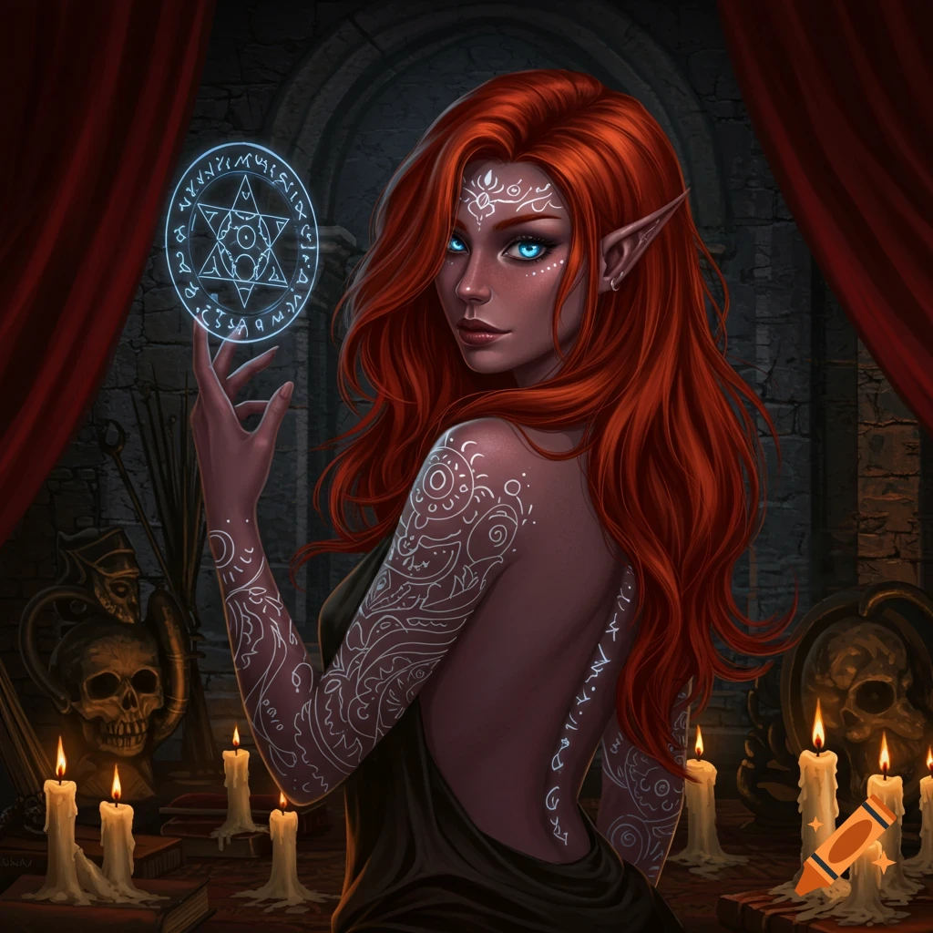 A fantasy digital painting of a red-haired female elf with glowing blue eyes, white body tattoos, holding a glowing magical symbol, in a candlelit chamber.