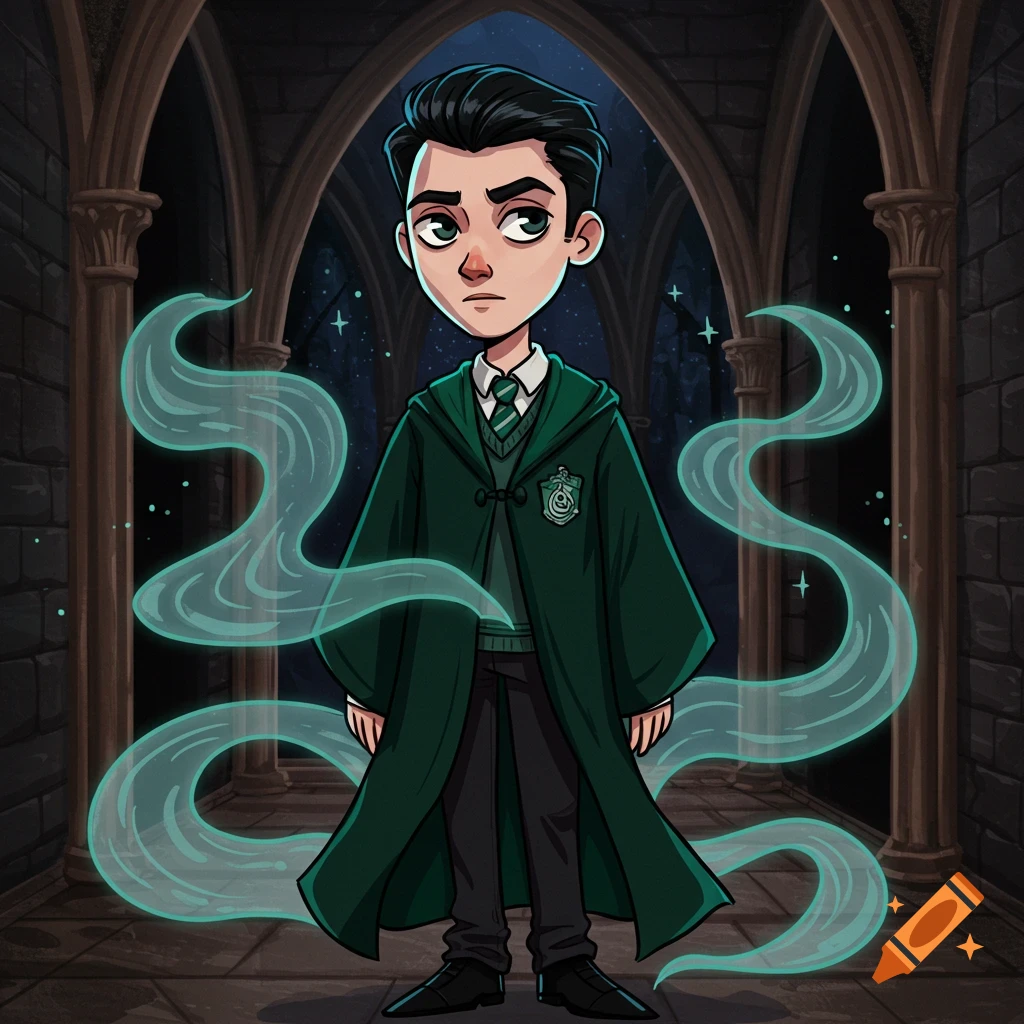 Cartoon character of a young man in a dark green wizard's robe with a Slytherin crest, standing in a dark, vaulted stone corridor with glowing blue wisps.