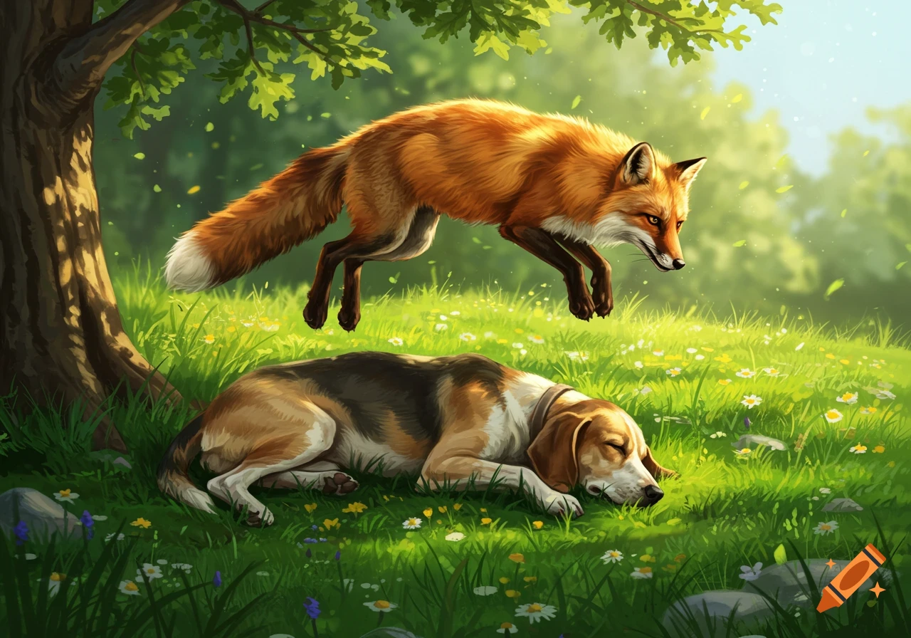 An orange fox mid-air above a sleeping beagle dog in a sunlit green field with daisies, cartoon style.