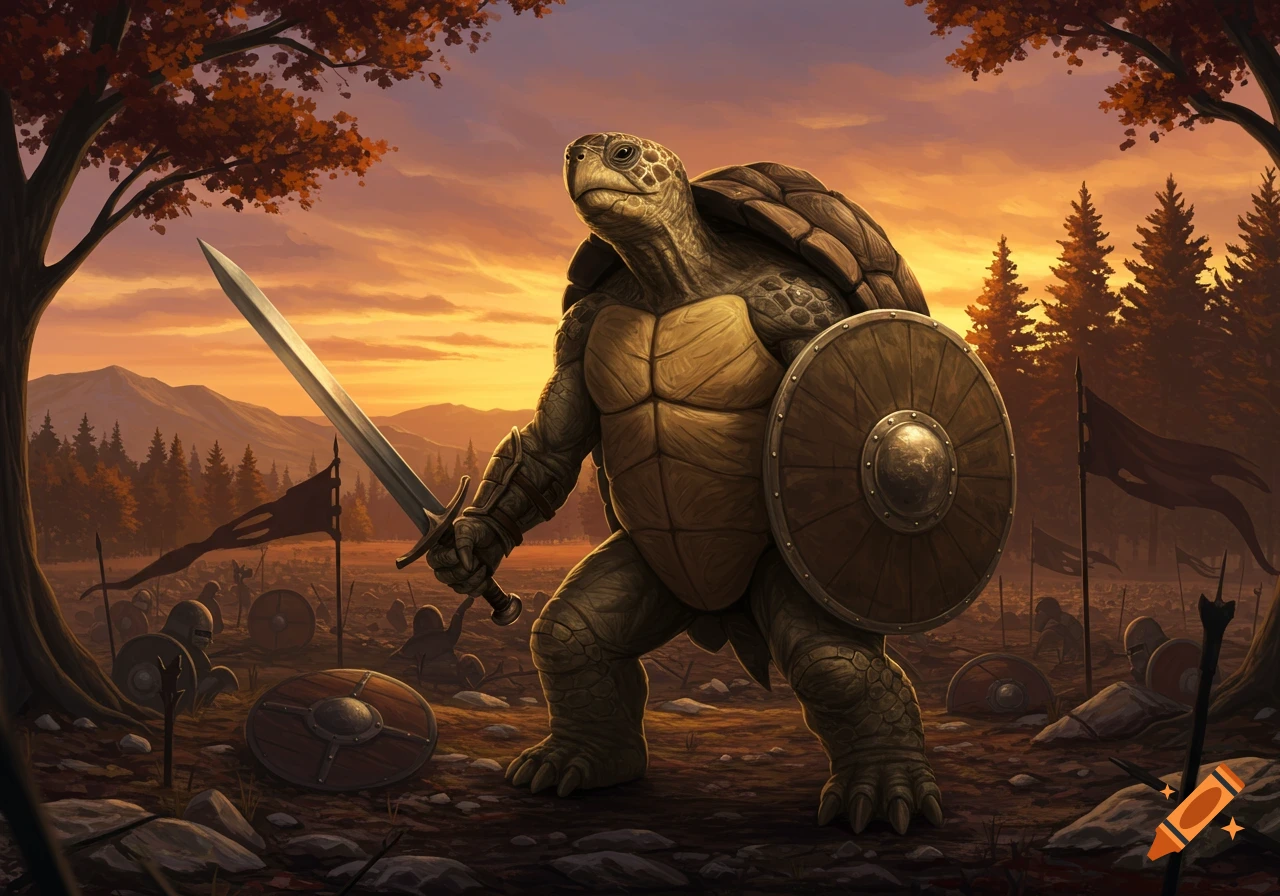 A muscular turtle warrior stands on a battlefield at sunset, holding a sword and shield, in a fantasy art style.