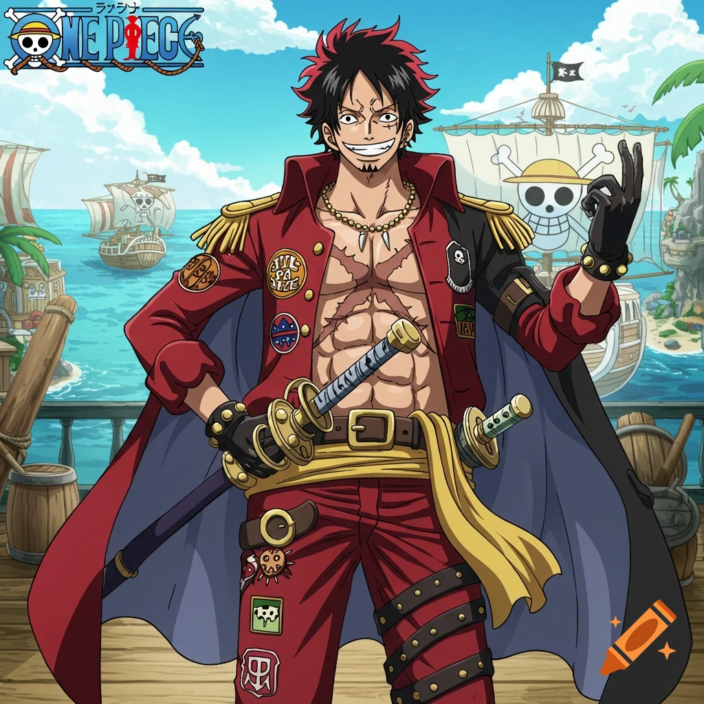 An anime character with red hair, wearing a red and black captain's coat and holding a sword, stands on a ship's deck.