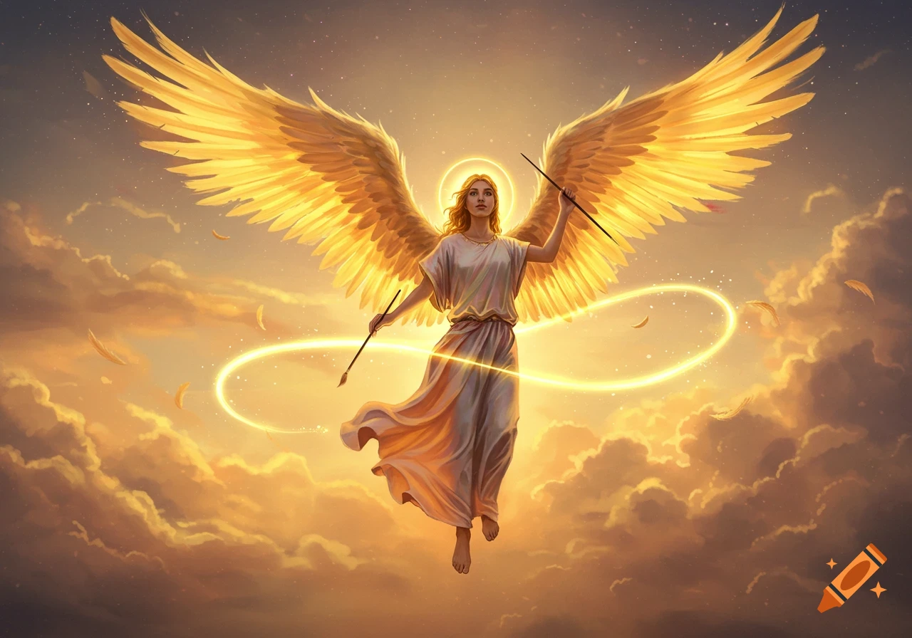 An ethereal angel with large golden wings and a halo floats in a golden sky, holding paintbrushes that leave a luminous trail.