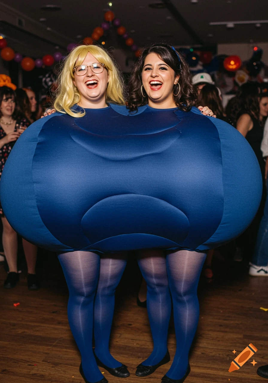 Two women in a large blue blueberry costume at a Halloween party, giving the illusion of one conjoined body.