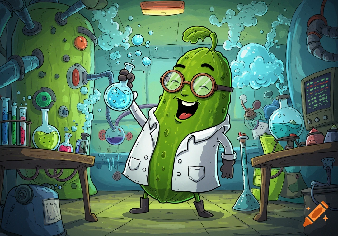 A cartoon pickle wearing a lab coat and goggles, holding a bubbling flask in a vibrant science laboratory.