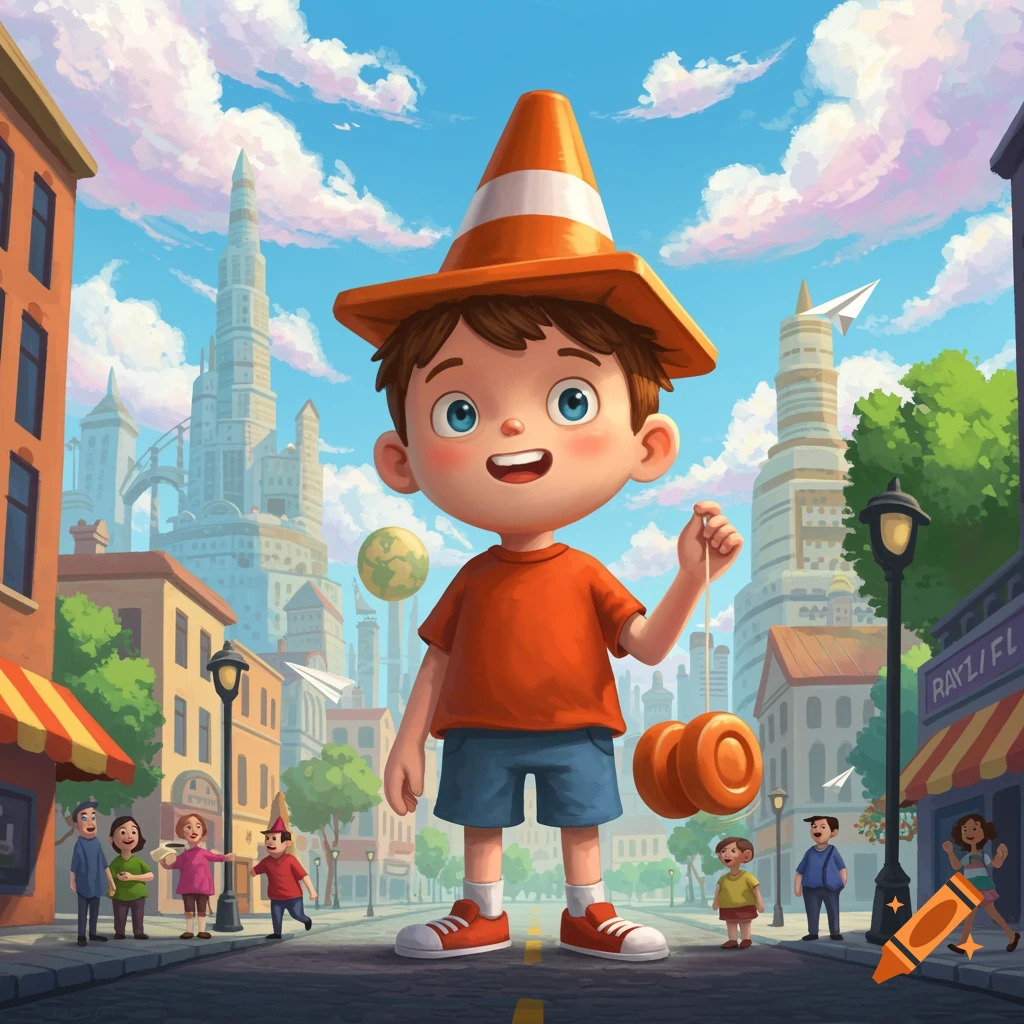 A giant cartoon boy wearing an orange traffic cone on his head stands in the middle of a street in a vibrant city, holding a yo-yo.