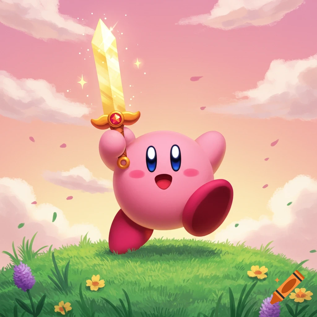 Kirby, a pink puffball, runs on a grassy hill with a golden sword raised, set against a vibrant pink and orange sky.
