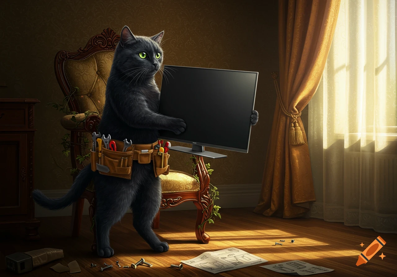 A black anthropomorphic cat with a tool belt holds a large TV in a detailed room with wooden floors and a window.