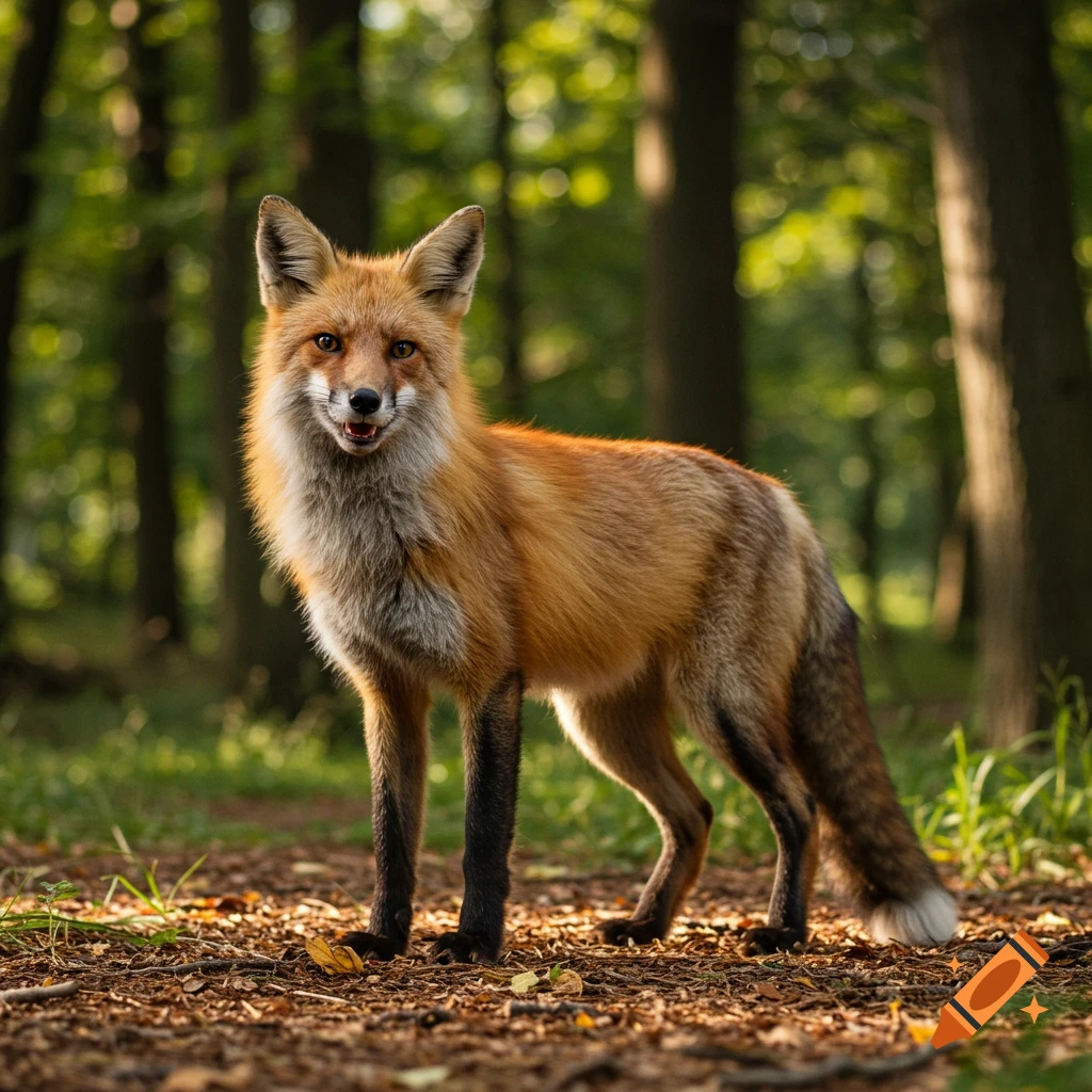 A photorealistic red fox stands on a leafy forest floor with dappled sunlight shining through trees.