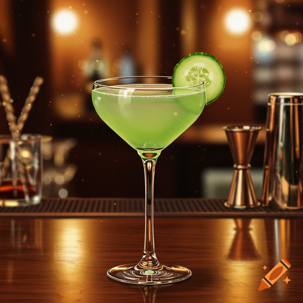 A vibrant green cocktail in a coup glass garnished with a cucumber wheel sits on a polished wooden bar counter in a softly lit bar.