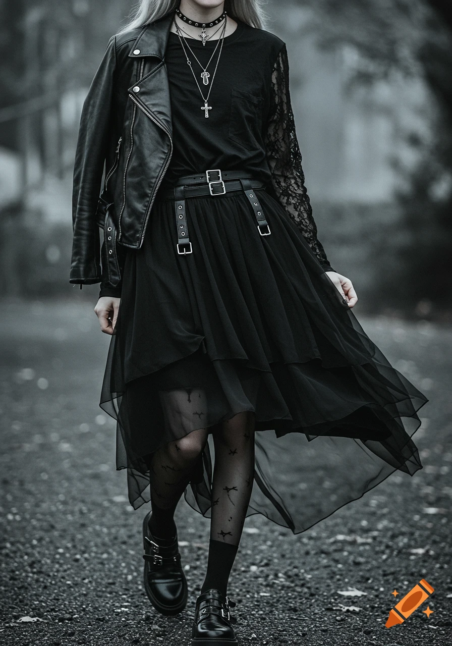 A person in a black gothic outfit featuring a leather jacket, layered tulle skirt, and patterned sheer tights, walking outdoors.