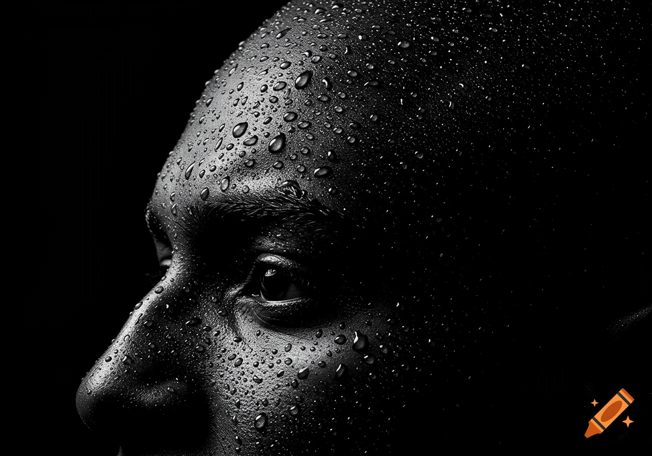 High contrast black and white close-up portrait of a person's face covered in water droplets, with a dark background.