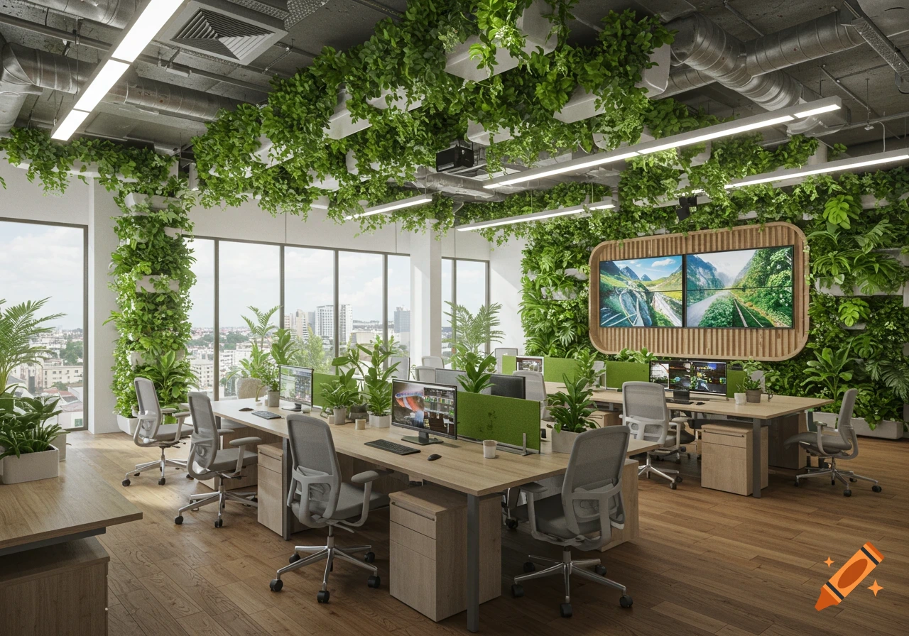 A modern office space filled with desks and ergonomic chairs, abundant with lush green plants hanging from the ceiling and on walls, featuring large windows and screens displaying nature scenes.