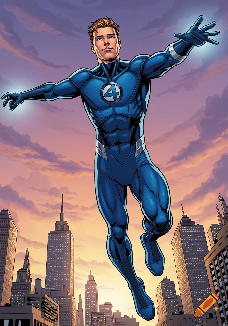 A male superhero in a blue suit with a '4' emblem flies over a city skyline at sunset in a comic book art style.