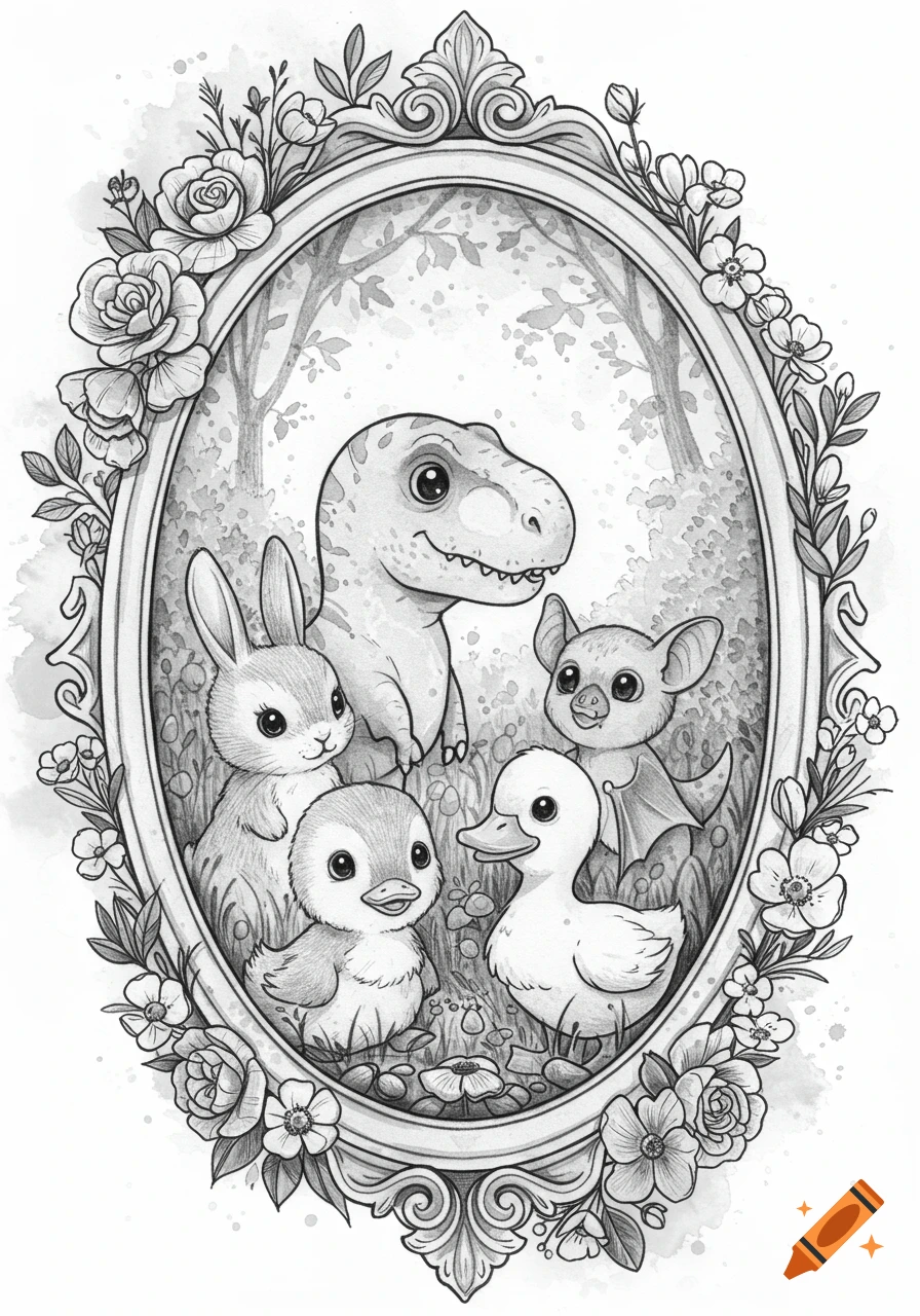 Black and white illustration of cute animals (dinosaur, bunny, bat, duck) in an ornate oval frame with flowers.