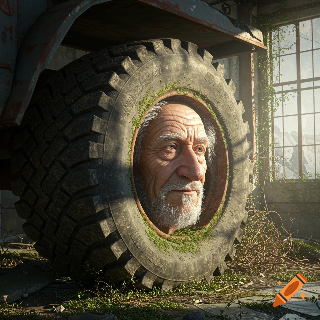 An old man's face protruding from the center of a large, moss-covered tire in a derelict garage, photorealistic style.
