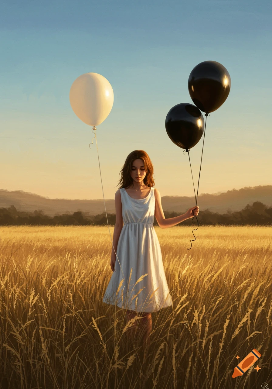 A young woman in a white dress stands in a golden wheat field, holding one white and two black balloons under a clear sky.