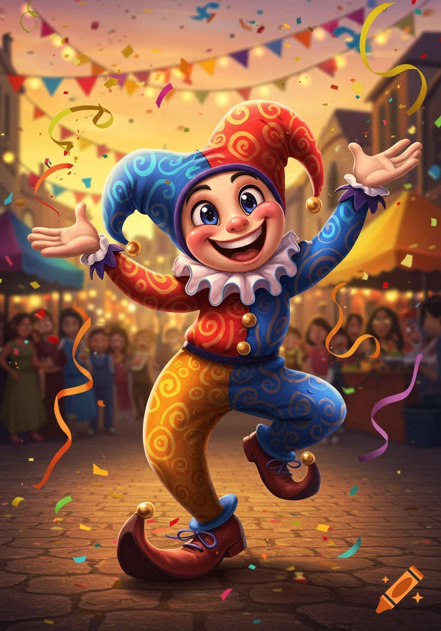 A cheerful cartoon jester in colorful attire dances on a cobblestone street, surrounded by falling confetti and festive flags under a golden sky.