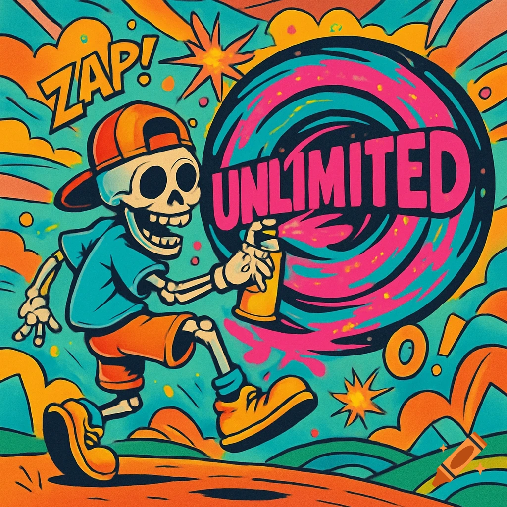 Cartoon skeleton with a baseball cap spraying graffiti of a colorful vortex with "UNLIMITED" and "ZAP!" in a vibrant street art style.
