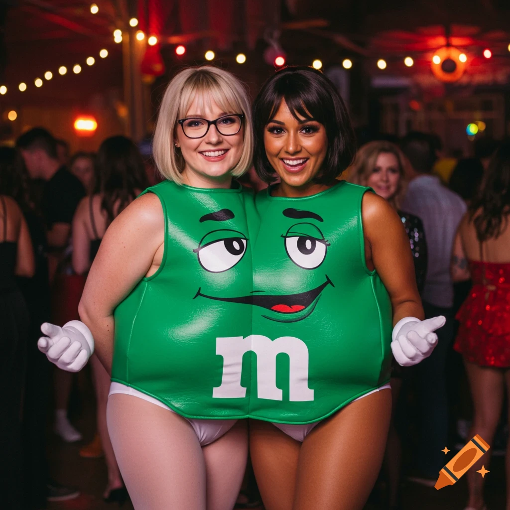 Two women in a conjoined green M&M costume smiling at a Halloween party.
