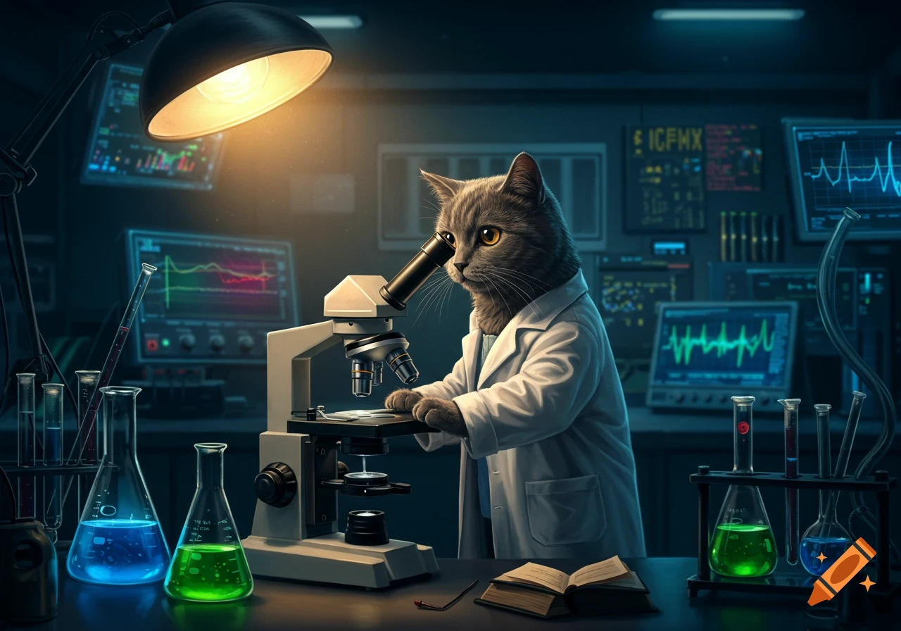 Photorealistic image of a gray cat in a lab coat looking into a microscope in a dimly lit laboratory with scientific equipment.