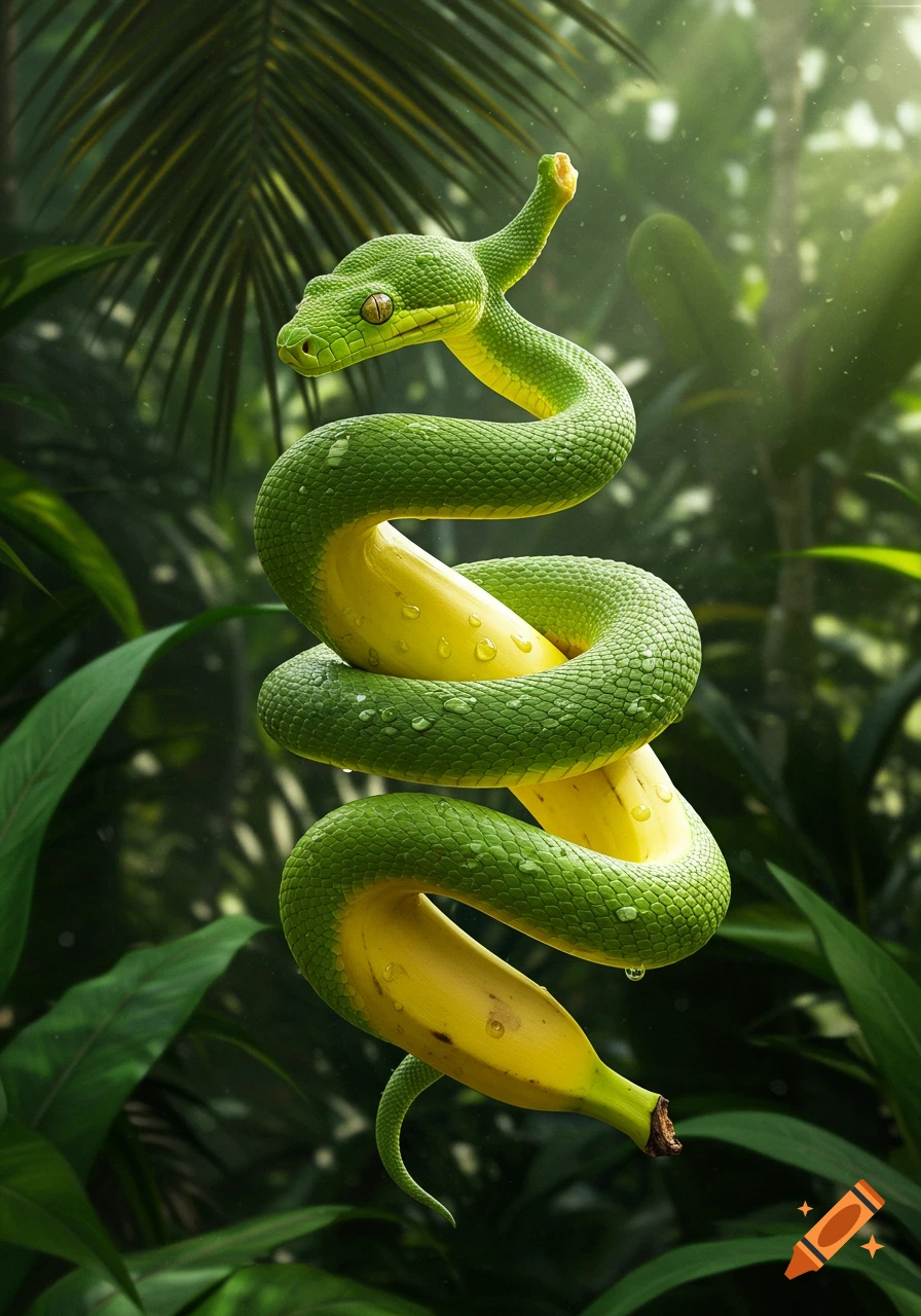 A vibrant green snake with water droplets wrapped around two bright yellow bananas in a lush jungle setting.