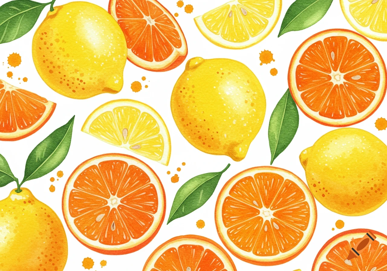 Watercolor painting of lemons and oranges with leaves and juice splatters on a white background.