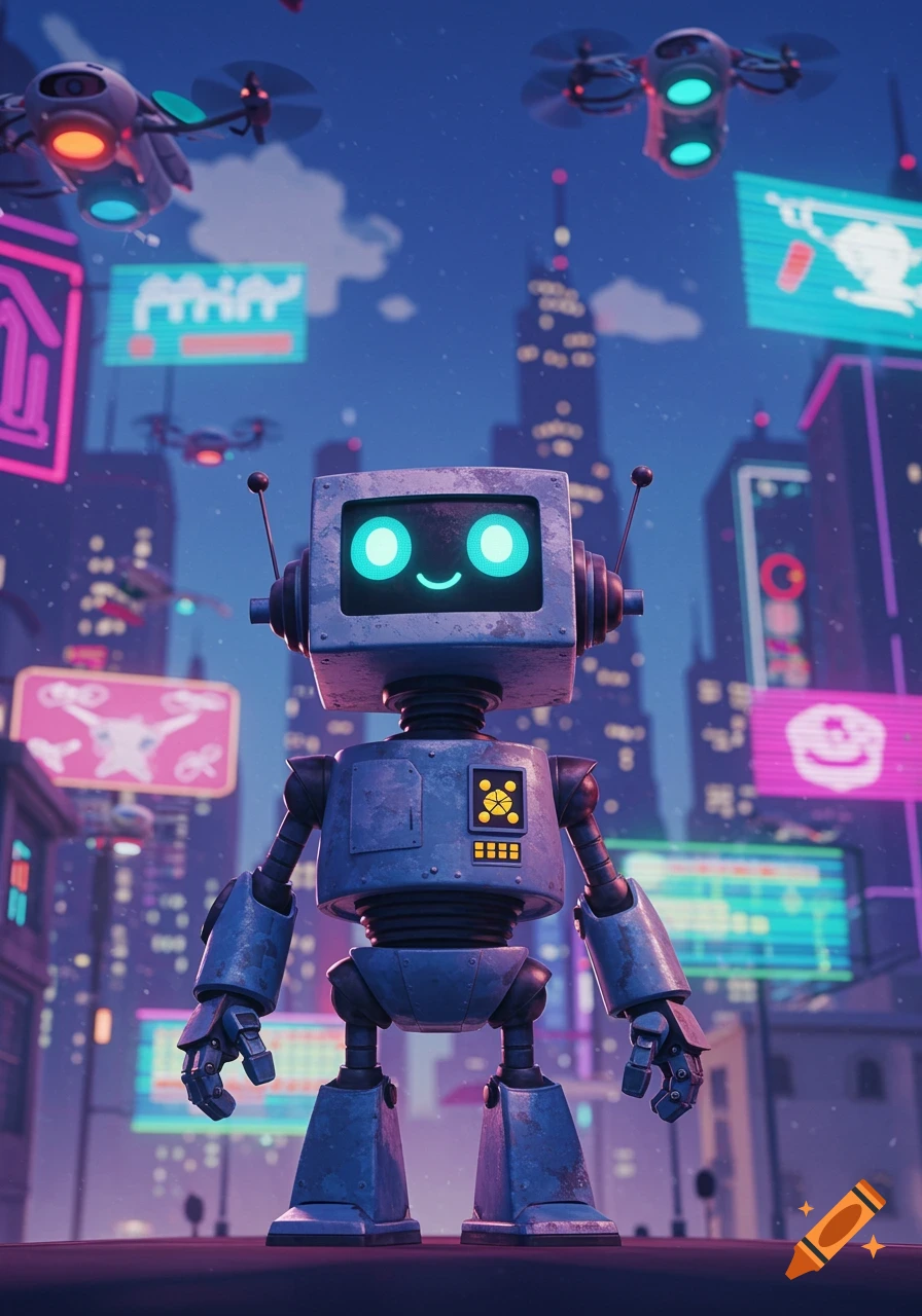 A cute, retro-style robot with a glowing blue screen face stands in a futuristic city at night, with neon signs and drones.