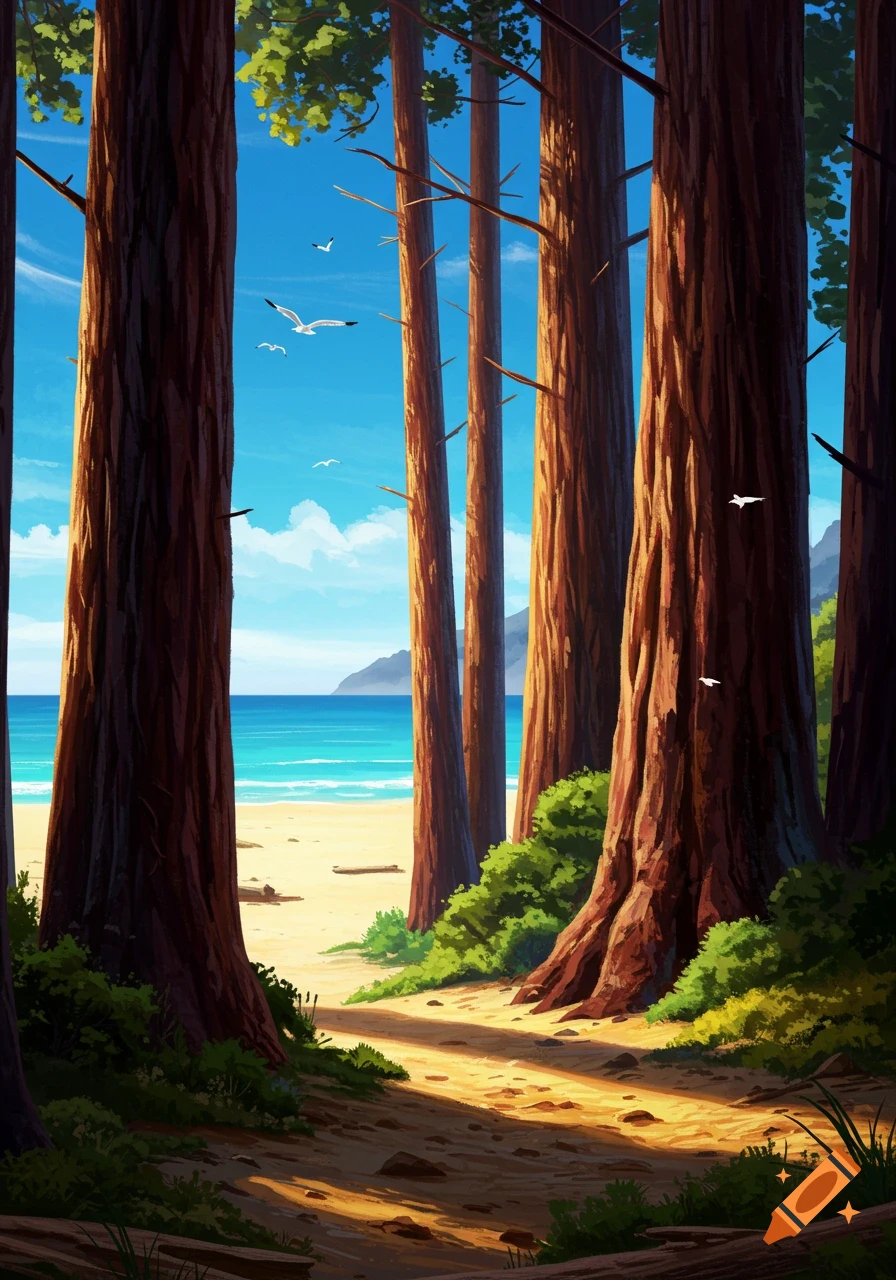 A sunlit path through tall redwood trees opens to a vibrant sandy beach with a bright blue ocean under clear skies in an animated style.