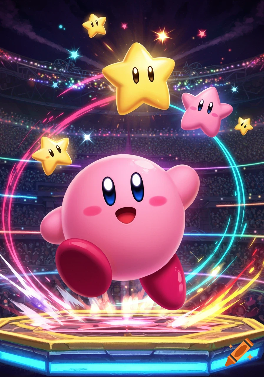 A vibrant illustration of pink Kirby jumping above a glowing platform in a colorful stadium, surrounded by yellow and pink stars.