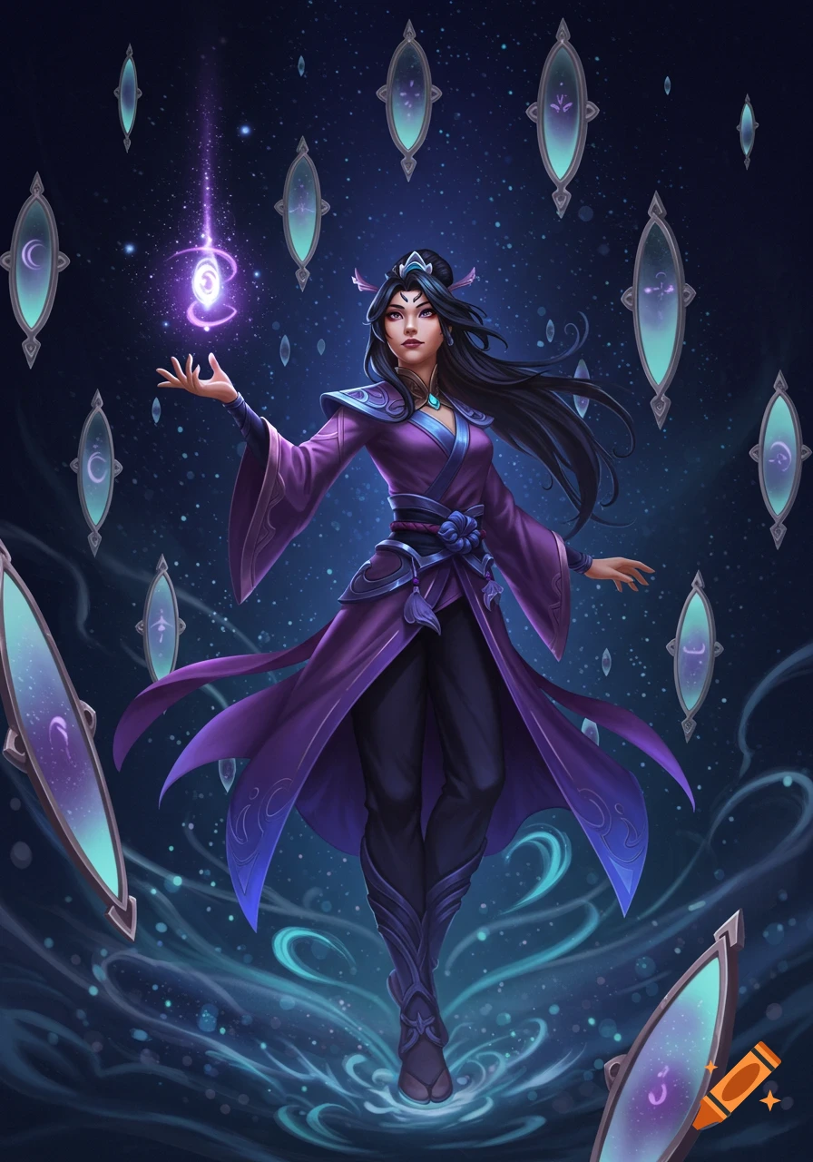 A female character with long dark hair in a purple robe floats amidst a starry sky, holding a glowing purple orb while surrounded by ornate mirrors.