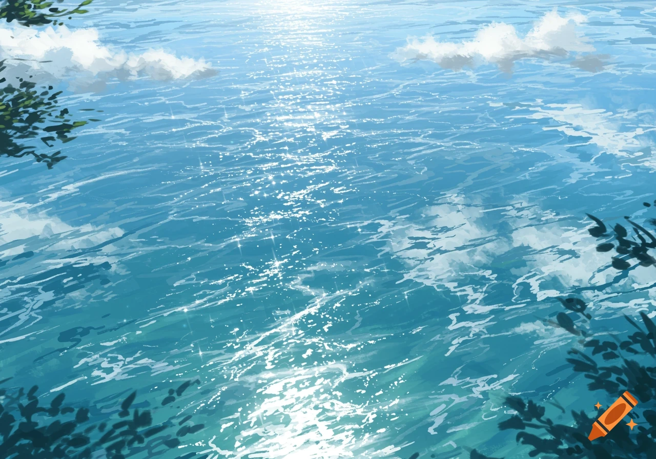 Bright sun glares off sparkling blue water with small waves and distant white clouds, framed by dark green foliage.
