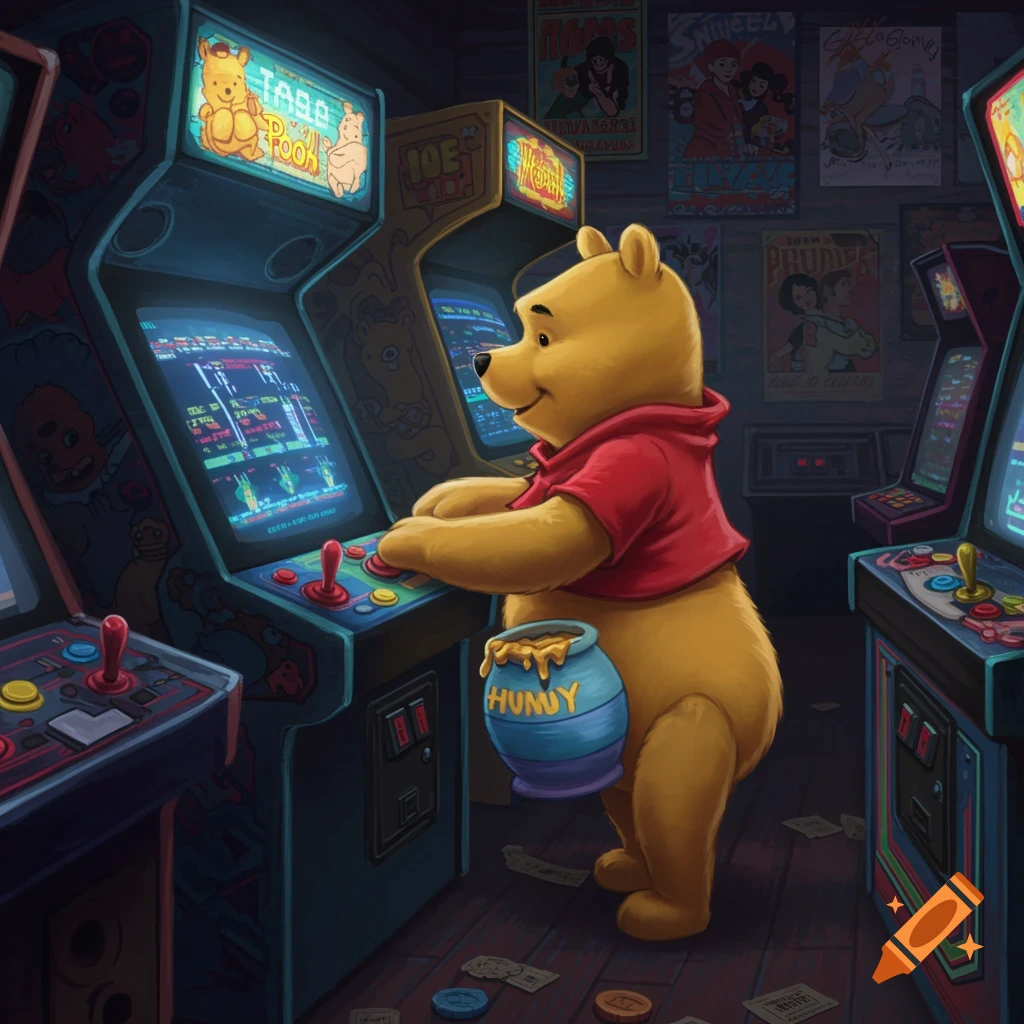 Winnie the Pooh playing an arcade game in a dimly lit arcade, with other arcade machines and posters in the background. He holds a 'HUNNY' pot.