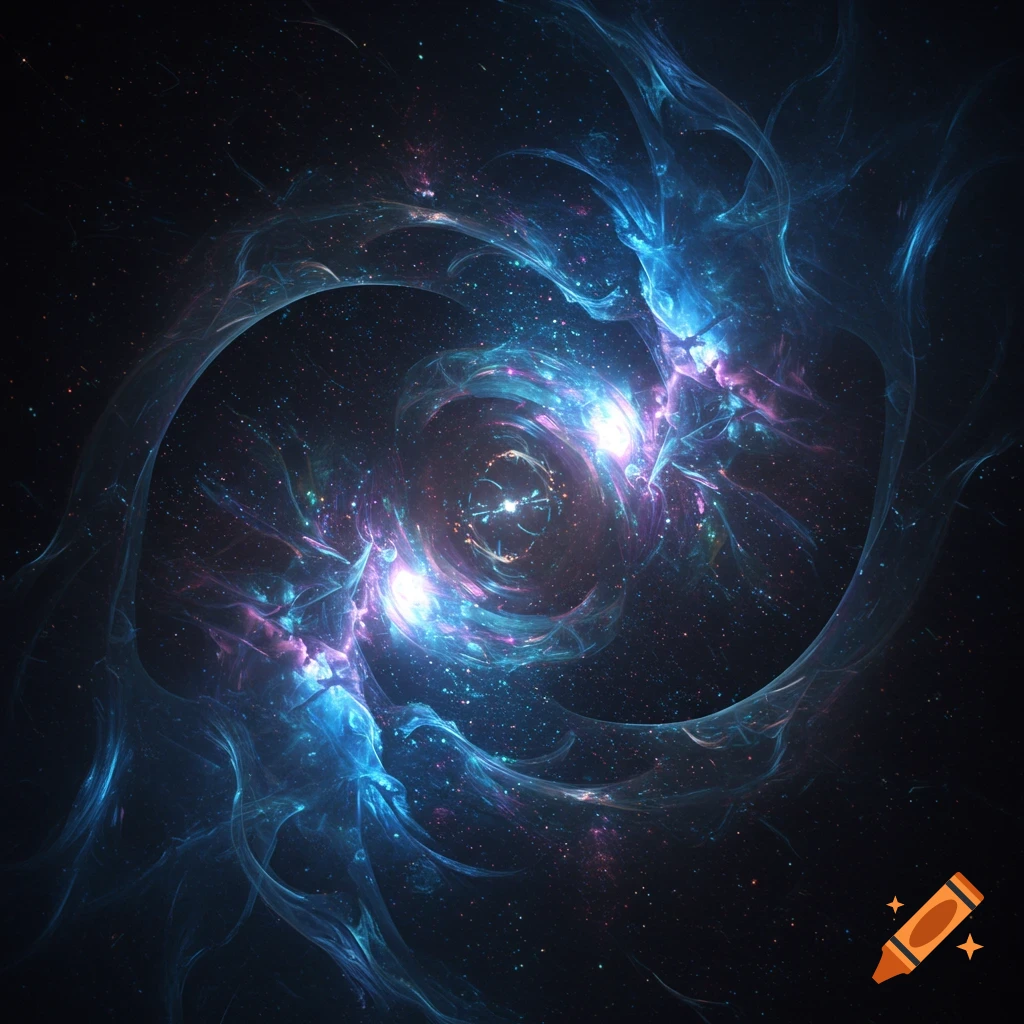An abstract space scene featuring swirling blue and purple nebulae with bright light sources and numerous small stars against a dark background.