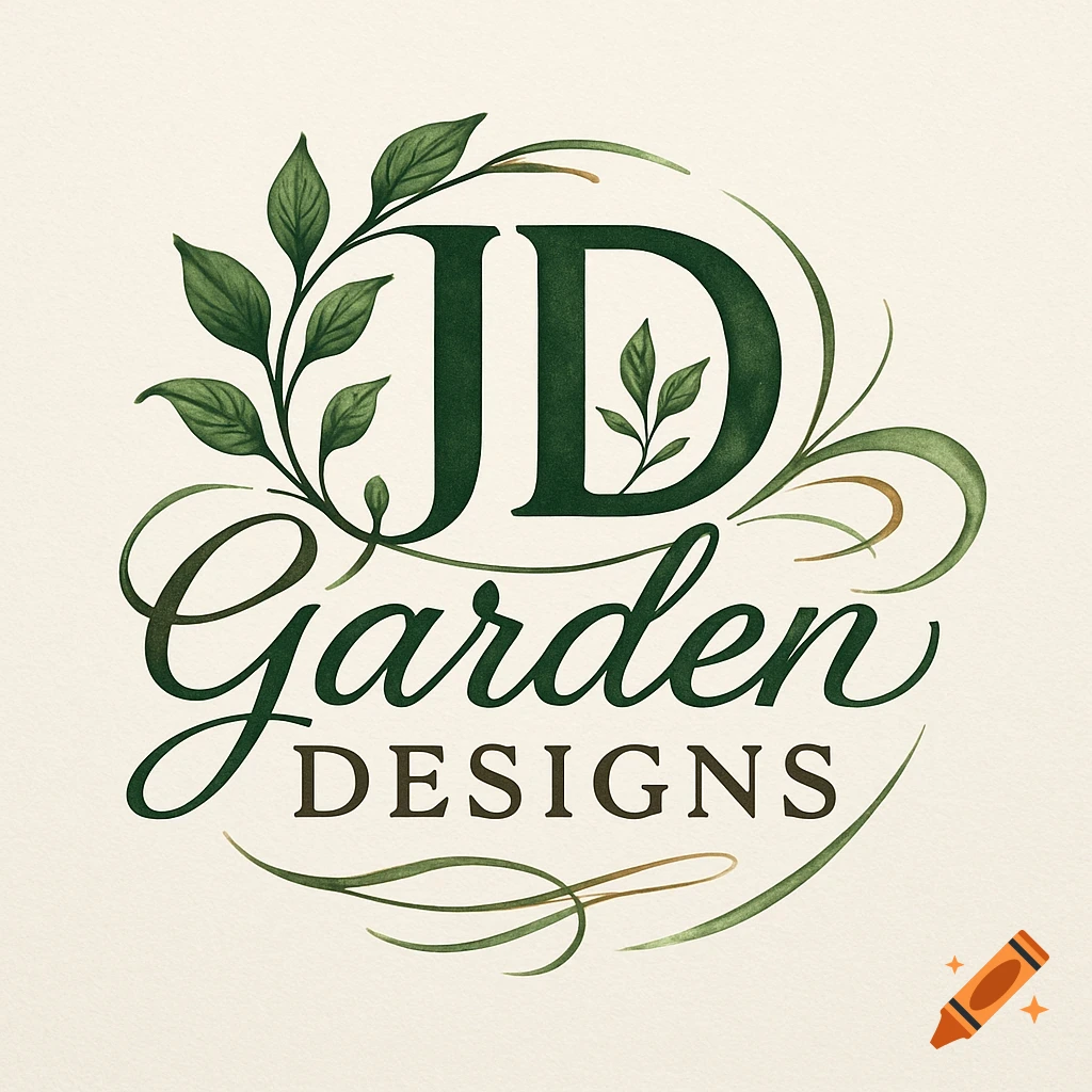 JD Garden Designs logo featuring green leafy initials and calligraphic text on a cream background.