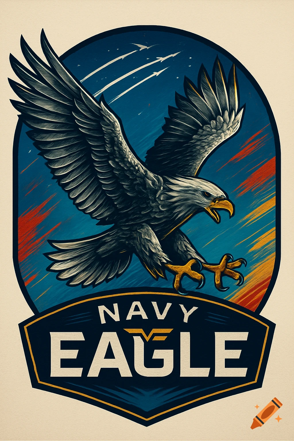 Stylized emblem of a bald eagle with outstretched wings, jet trails in background, above text 'NAVY EAGLE'.