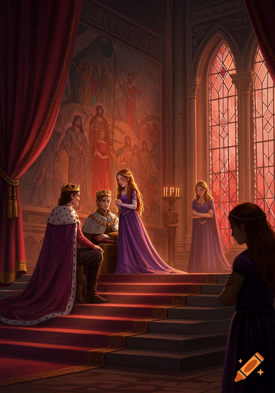 A princess in a purple dress stands before a king and queen on a red carpeted dais in a grand throne room, with a sister watching from the shadows.