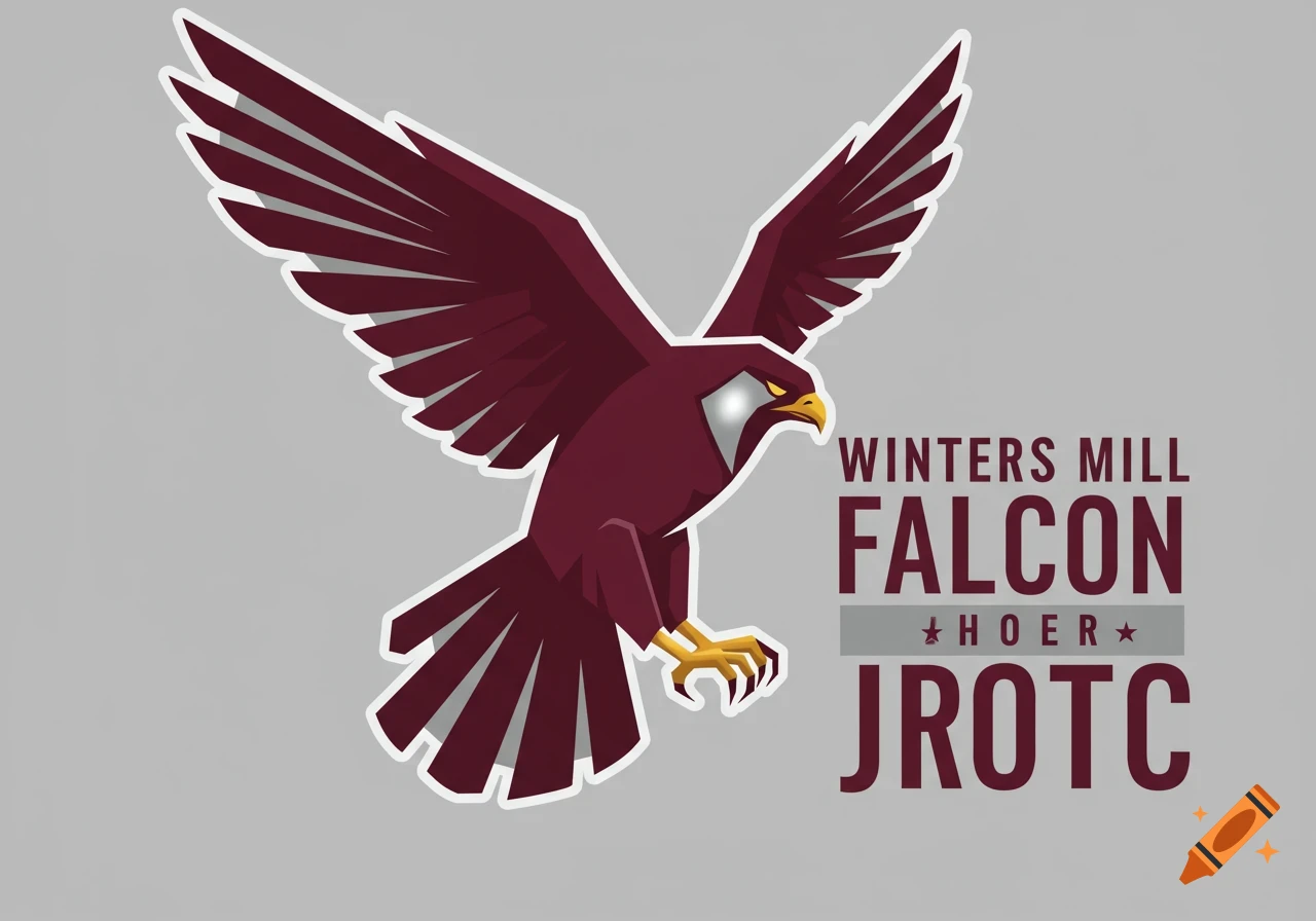 A burgundy and silver stylized falcon logo with text 'WINTERS MILL FALCON HOER JROTC' on a gray background.