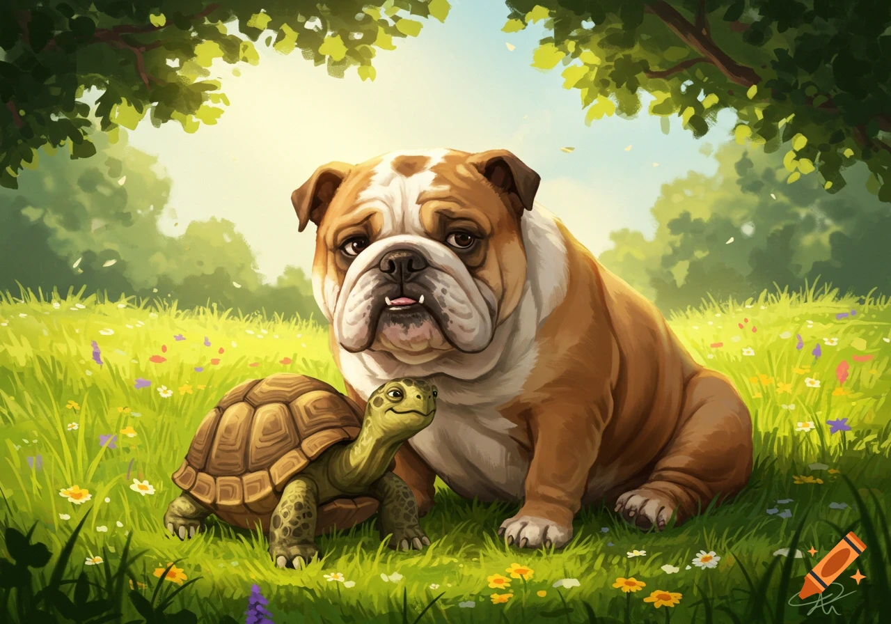 A friendly bulldog and a turtle sitting together in a grassy field with wildflowers under dappled sunlight, illustrated in a charming, painterly style.